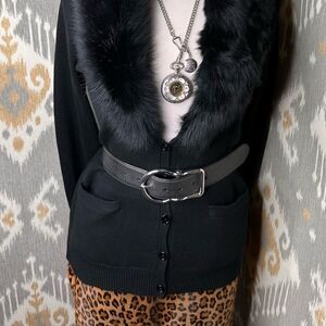 Ralph Lauren Black Cashmere Lamb Shearling Collar Cardigan Sweater